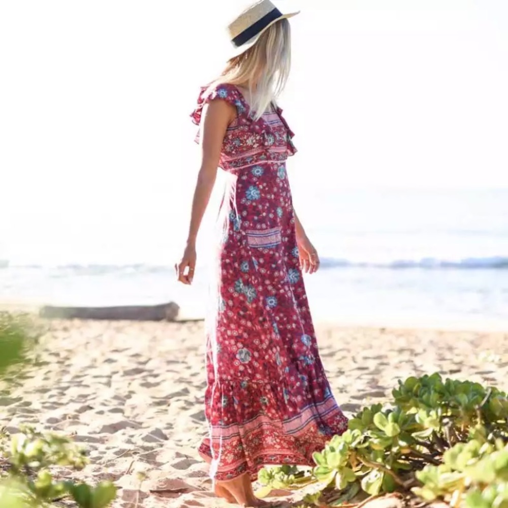 SOLD OUT Red Butterfly Sleeve Bohemian Floral Maxi Dress - Picture 2 of 5